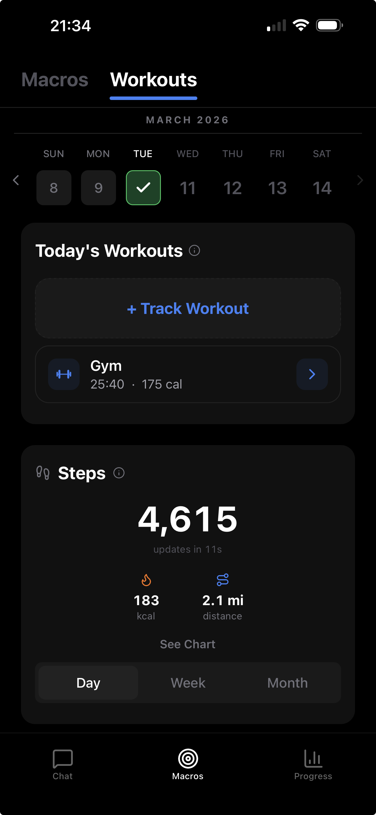 MacrosGPT workout tracking screen